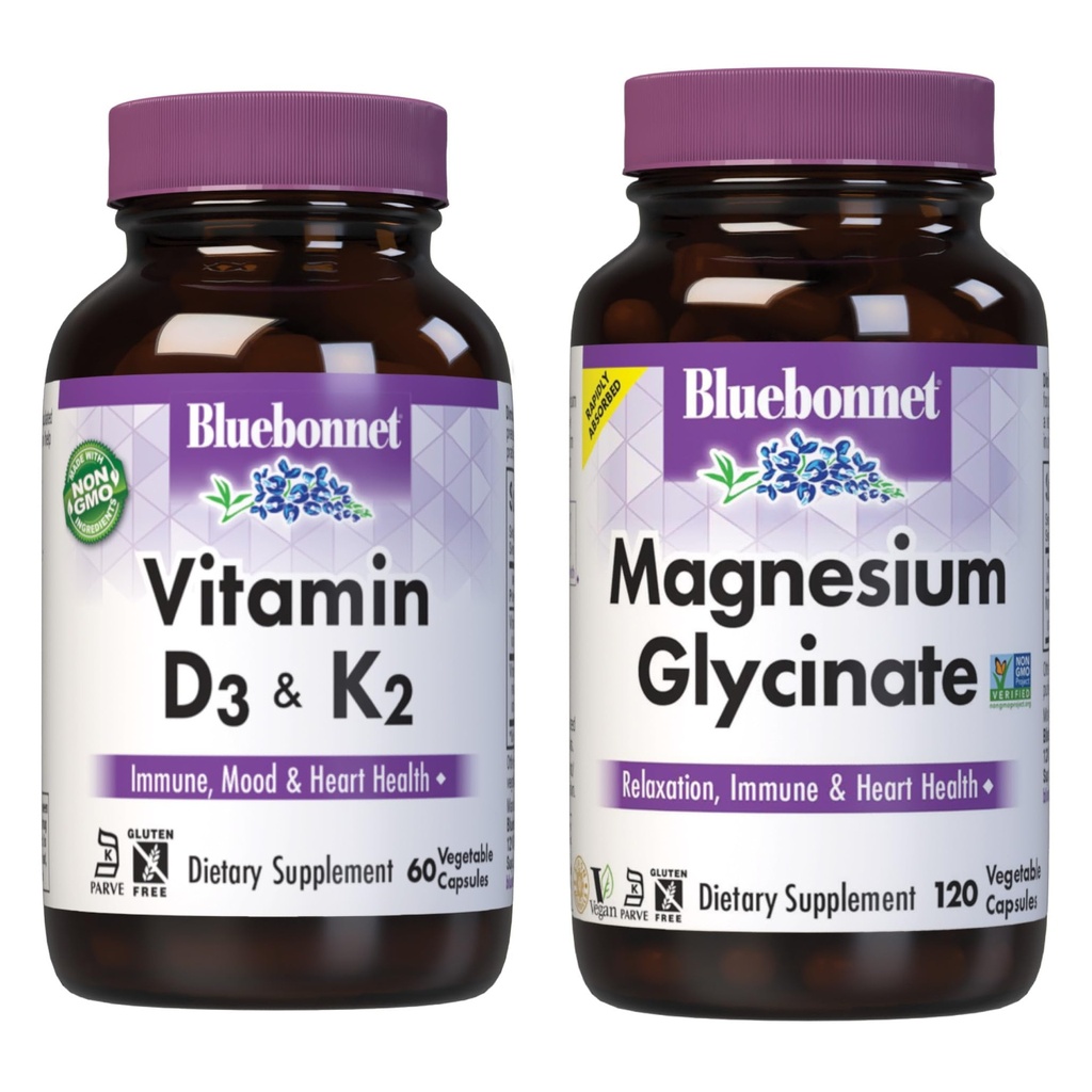 BlueBonnet Nutrition Vitamina D3 y K2, y Magnesium Glycinate Vegetal Capsules Bundle
