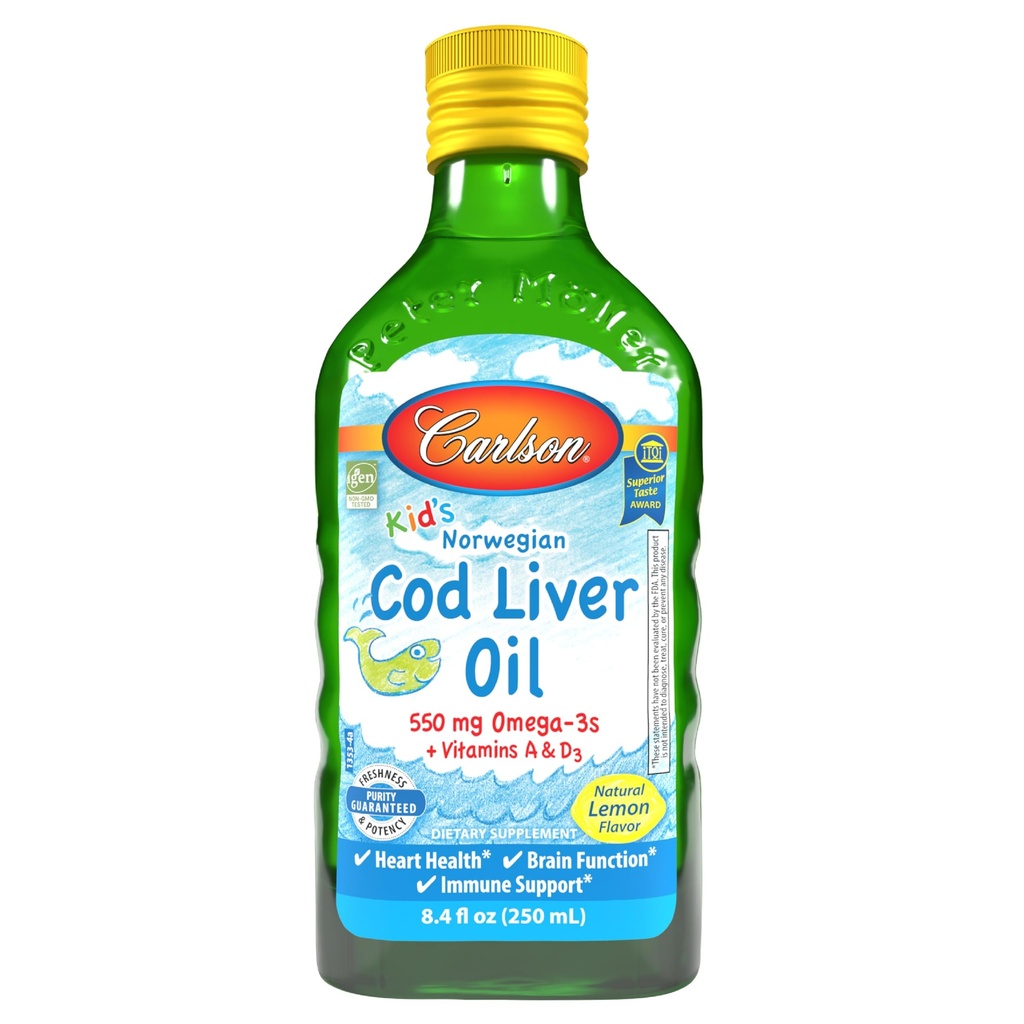 Carlson - Kid's Cod Liver Oil, 550 mg Omega-3, Vitaminas A &amp; D3, Wild Norwegian, Lemon, 250 mL