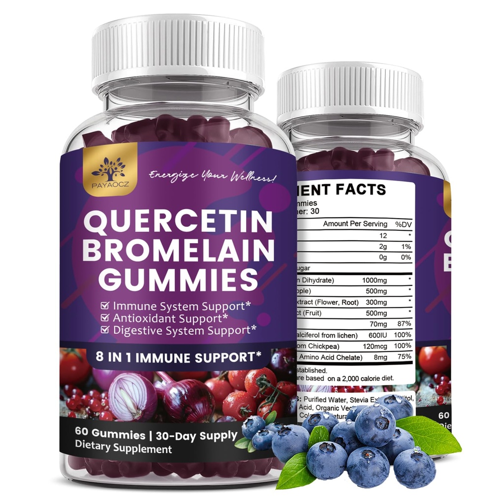 (2 Pack) Quercetin Gummies with Bromelain Zinc Elderberry Vitamin C D3 K2, Quercetin 1000mg Suplemento con Bromelain 500mg para Cardiovascular, Immune System &amp; Allergy, Vegan Gummy para Adult &amp; Kid