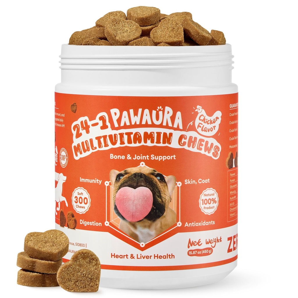 24-in-1 Multivitamin Dog Supplement, 300 Soft Chews – Glucosamine & Chondroitin for Joint Support, Probiotics for Gut Health, Omega Fish Oil for Skin & Coat, Daily Dog Vitamins