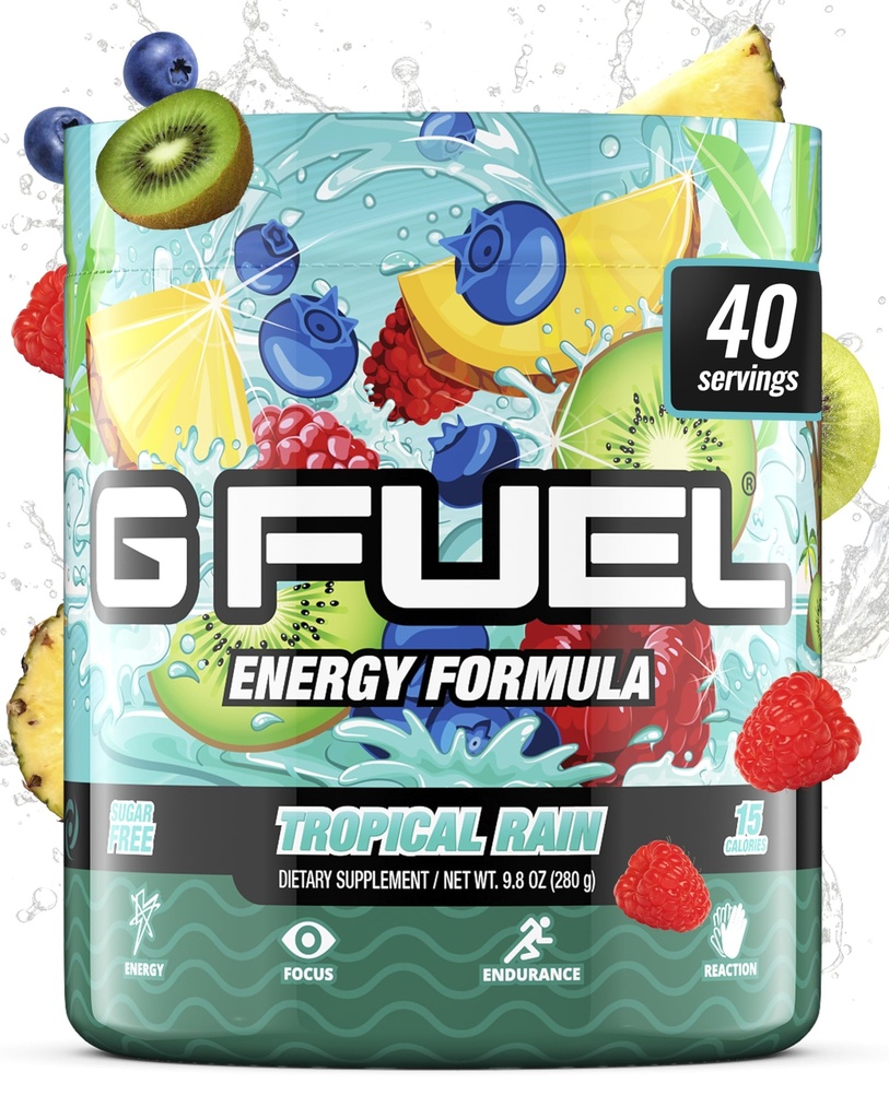 G Fuel Tropical Rain Energy Drink Powder, Pre Workout Caffeine Mix for Gaming, Sugar Free Focus Amino, Vitamina + Antioxidantes, 9.8oz (Fruit Medley, 40 Servings)