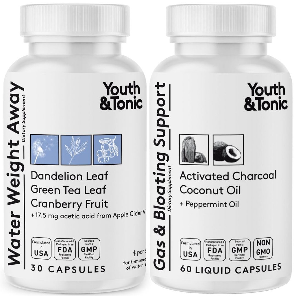 Peso del agua Away &amp; Gas y Bloating – Diurético &amp; Carbón para el alivio de la hinchazón – Apoyo para la retención del agua, piernas hinchadas " Bloating digestivo – Peppermint " Coconut Oil – 90 pastillas