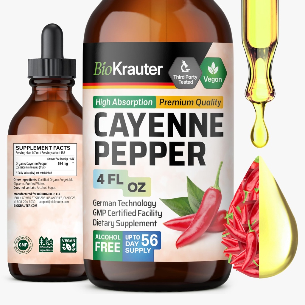 BIO KRAUTER Cayenne Pepper Extract Liquid - Pure Capsaicin Extract - Liquid Cayenne Cayenne gotas para soporte digestivo - Sugar &amp; Alcohol Gratis 4 Fl.Oz.