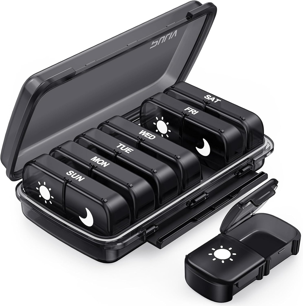 PULIV Organizador semanal de píldoras 7 días 2 veces al día, Black Damp-Proof AM PM Pill Box 7 día, Pill Case with Portable Design, Large Medicine Organizer for Vitamins, Medications, Fish Oils, Supplements