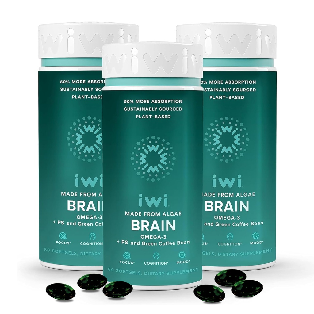 iwi life Brain Omega-3, 180 Softgels (90 Servings), Vegan Plant-Based Algae Omega-3 con EPA + DHA, Focus, Memory and Mood Support Suplemento dietético, Krill & Fish Oil Alternative, No Fishy Aftertaste