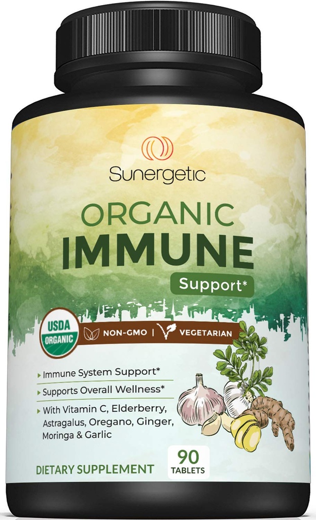 USDA Organic Immune Support Supplement – Organic Immune Health Supplement with Vitamin C, Elderberry, Astragalus, Oregano, Ginger, Moringa &amp; Ajo – Organic Immune System Support - 90 Immune Tablets
