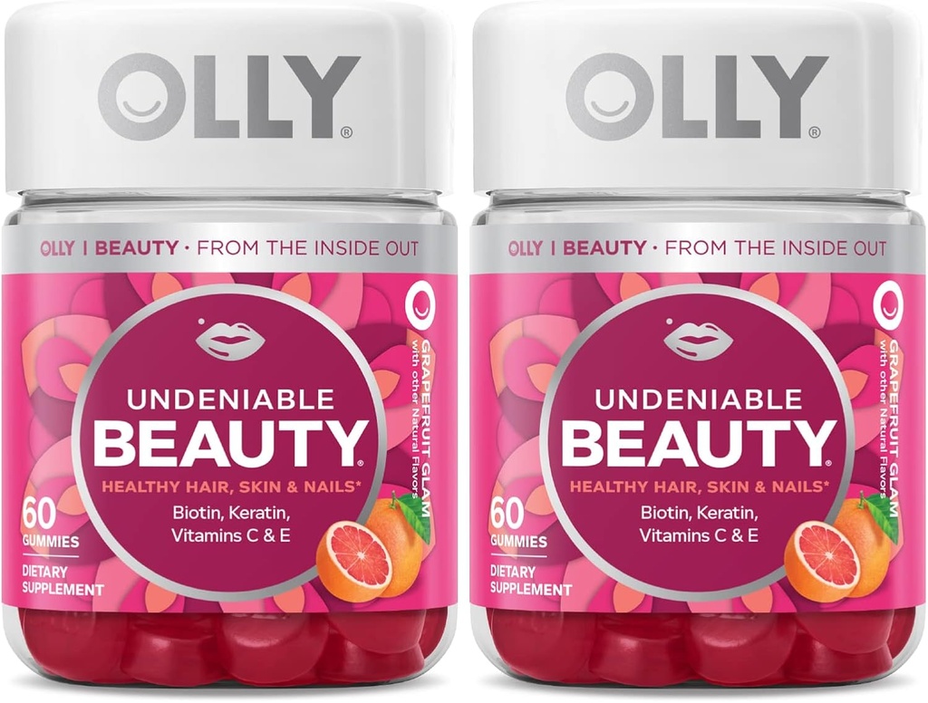 OLLY Undeniable Beauty Gummy, for Hair, Skin, Nails, Biotin, Vitamina C, Keratin, Chewable Suplemento, Grapefruit, 30 Day Supply - 120 Count