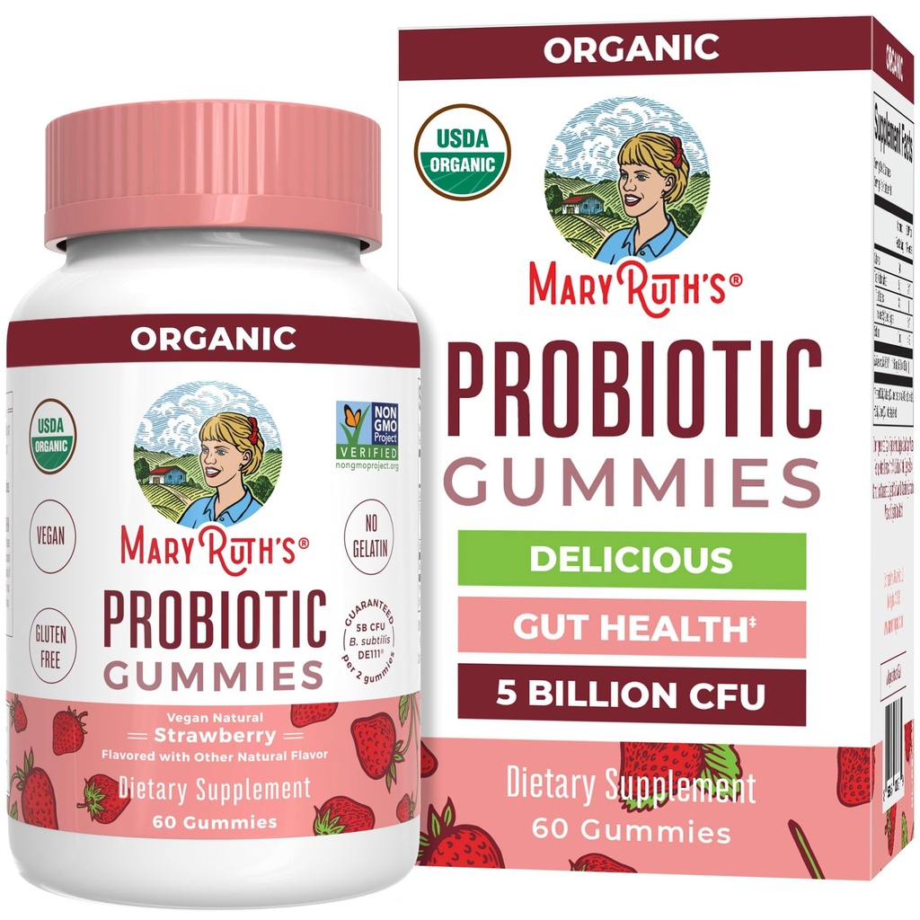 MARYRUTH'S USDA Organic Probiotic Gummies Probiotic Digestive Support Silencio Immune Support Silencio Digestive & Gut Health Supplement TEN 5 Billion CFU ← Vegan ← Non-GMO TEN Gluten Free TEN 60