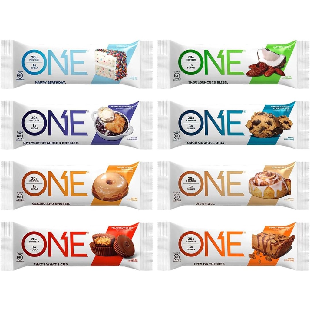 ONE Protein Bares, Sampler Variety Pack, Gluten Gratis con 20g Protein y 1g Azúcar, Pantry Staples, 2.12 oz (8 Conde)