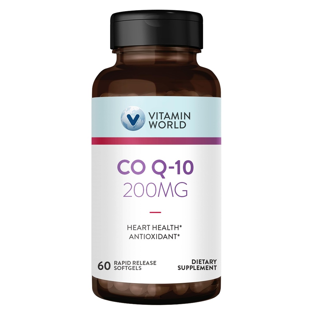 Vitamina World CoQ10 200 mg Softgels, Coenzyme Q10 Suplementos para soporte antioxidante, salud cardíaca y producción de energía, Gluten Free, 60 Rapid Release Softgels