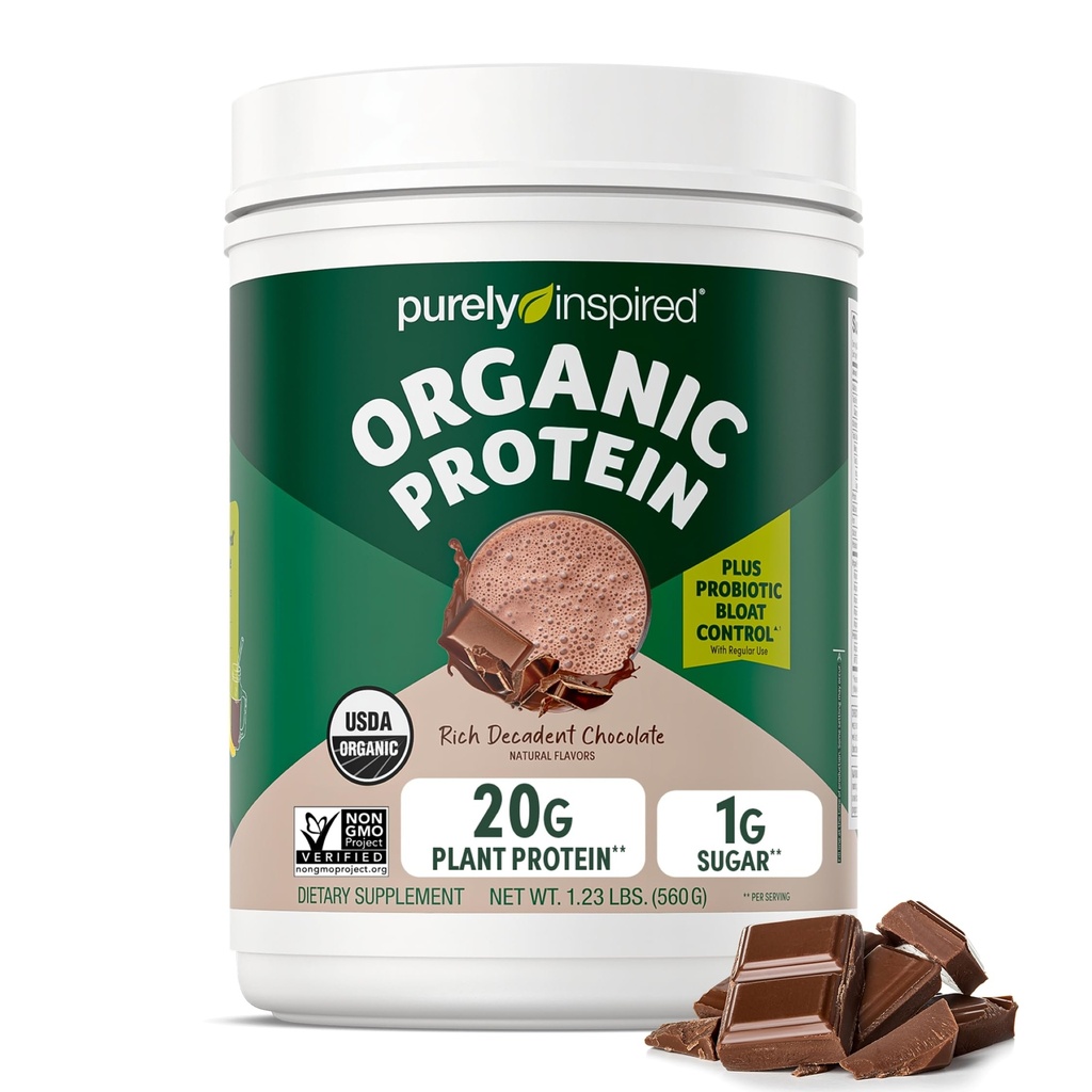 Polvo de proteína puramente inspirada para hombres y mujeres, Chocolate rico decadente (16 servidos) - Vegan &amp; Organic - 20g de Pea Protein Powder para smoothies & Shakes - Sin lácteos, &amp; sin gluten