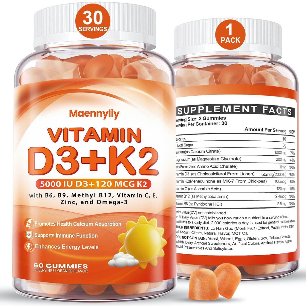 Vitamina D3 K2 Gummies para adultos - Vitamina D3 5000IU + K2 (MK-7) 120mcg - Suplementos D3 y K2 sin azúcar con Omega-3, Metil B12, B9, B6, Vitaminas E &amp; Zinc - para la Absorción de calcio &amp; Salud Inmunitaria