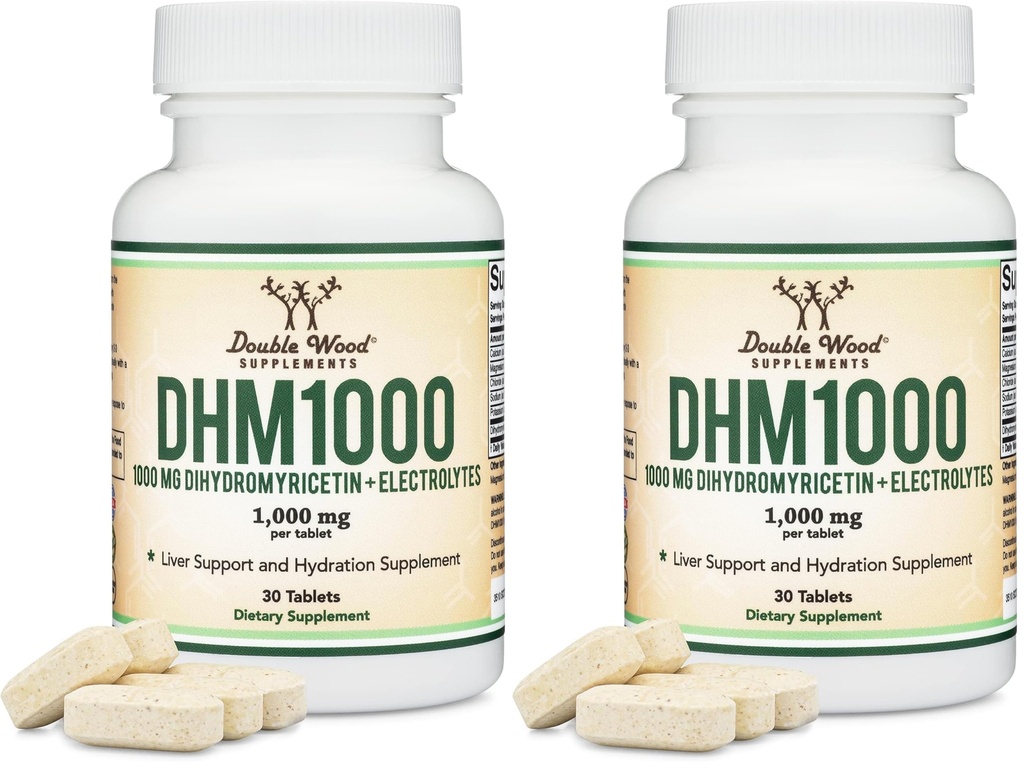 DHM1000 Dihydromyricetin (DHM) Tablets - Most Powerful DHM Supplement on The Market - 1,000mg (30 Count) Enhanced with Electrolytes for Hydration and Liver Support by Double Wood (Pack of 2)