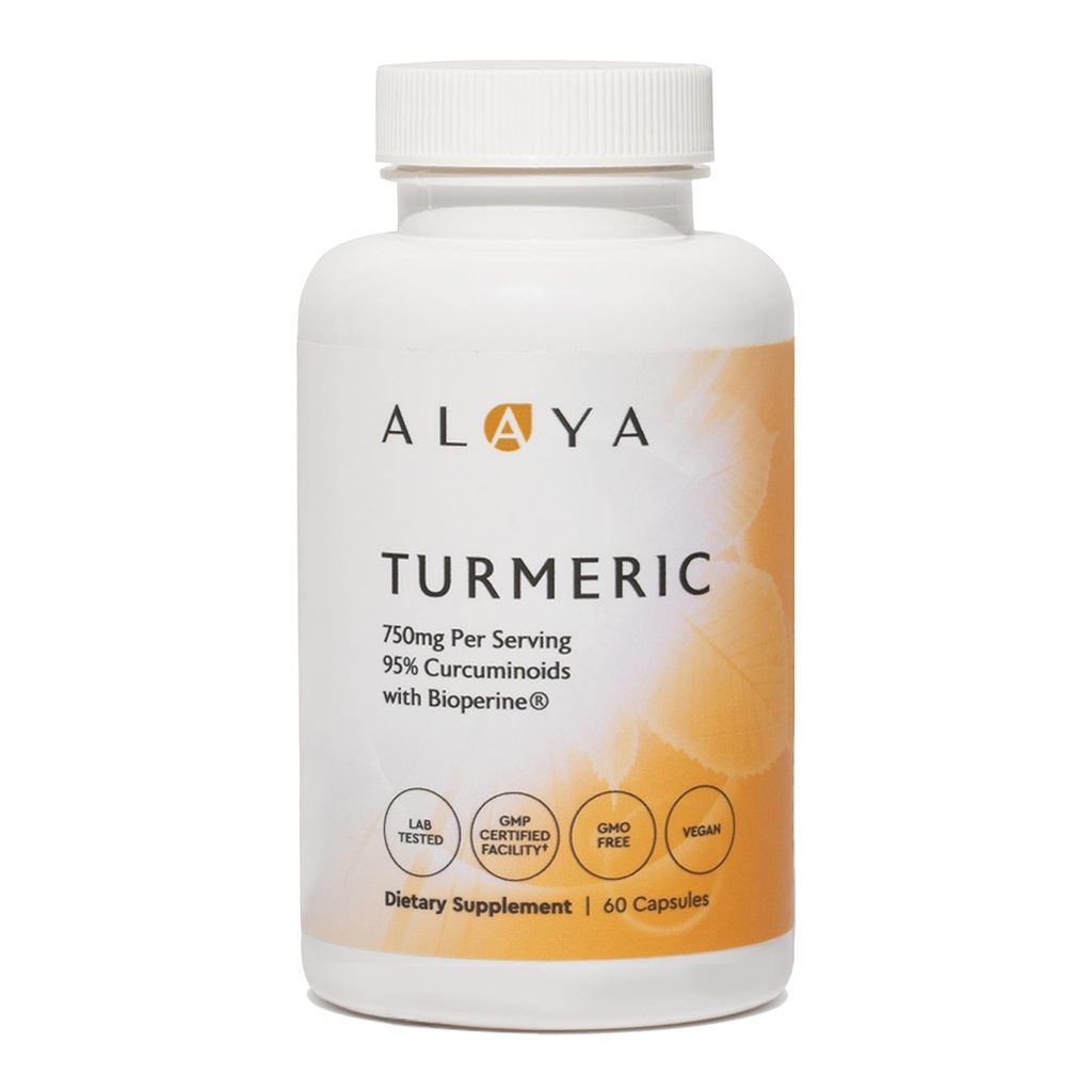 Alaya Naturals Turmeric Curcumin Suplemento con BioPerine – 750mg Por Serving, 95% Curcumin Extracto Cápsulas Turméricas para Confort Conjunto, Movilidad & Absorción – No GMO, Vegan, Lab Tested