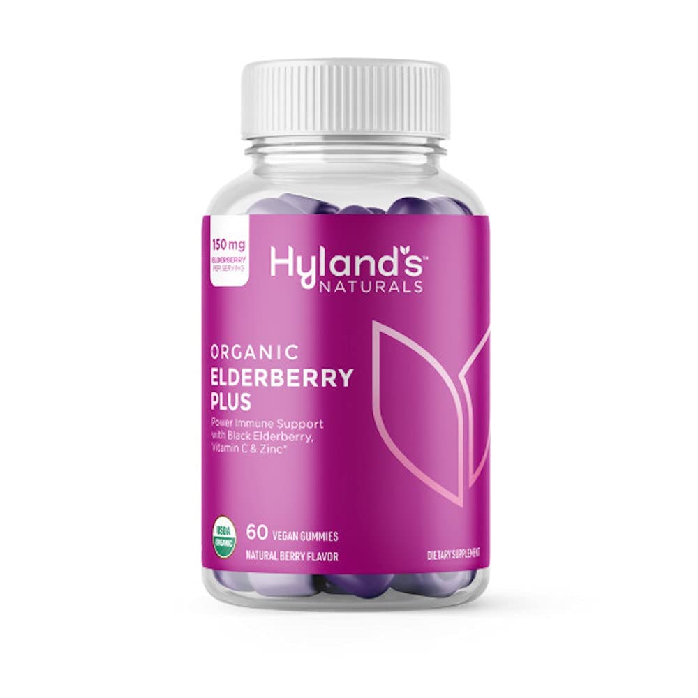 Hyland's Organic Elderberry Plus Gummies, Organic Black Elderberry con ZINC y Vitamina C, Immune Support Supplement for Adults, 60 Vegan Gummies (30 Days)