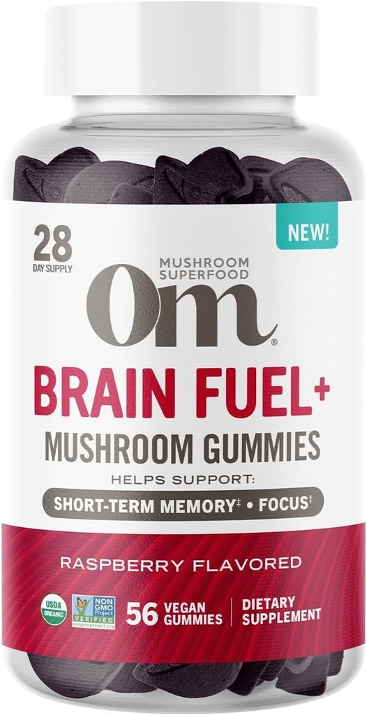 Om Mushroom Superfood Brain Fuel+ Gummies, 28 Servings, Raspberry Gummy Suplemento con Lion’s Mane for Memory and Focus