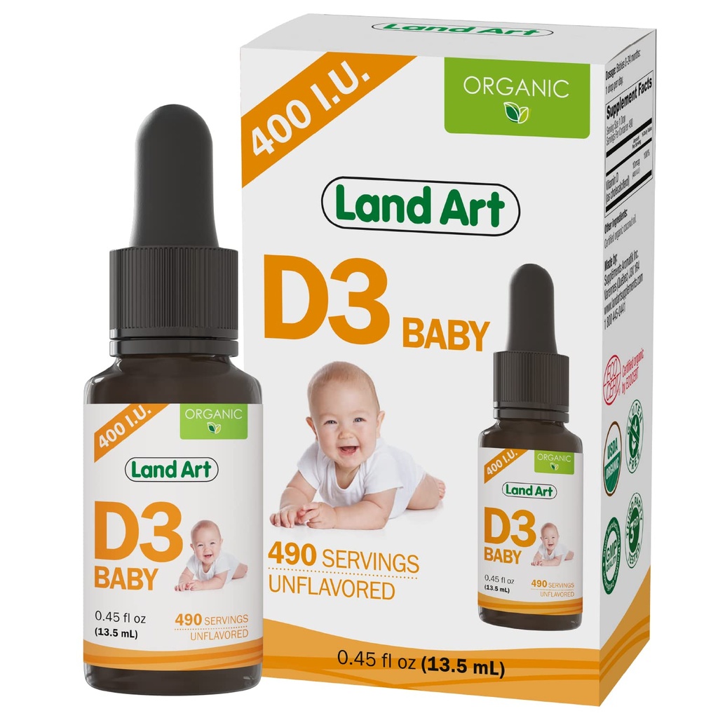 Land Art - Certified Organic Vitamin D3 Drops Baby – 400 IU per Drop – 490 Servings – Supports Bone " Teeth Development – Vitamina D Drops for Infants " Toddlers – GMO-Free - Gluten-Free – 0.45 fl oz