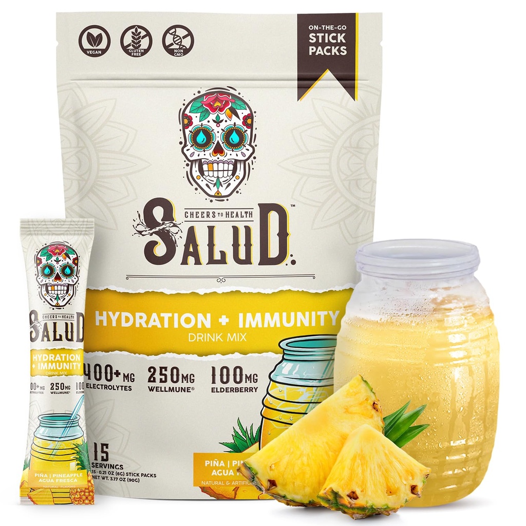 Salud 2-en-1 Hidration Packets + Immunity Electrolytes Powder, Pineapple - Agua Fresca Drink Mix, Elderberry, Dairy &amp; Soy Gratis, No Gluten Free, Vegan, Baja Calorie, 1g Sugar (15 Servings)