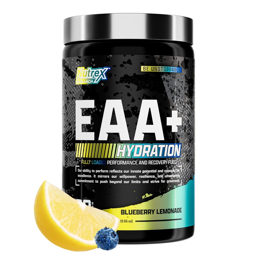 Nutrex Research EAA Hydration ← EAAs + BCAA Powder ← Recuperación de músculos, fuerza, construcción de músculos, duración 8G Aminoácidos esenciales + electrolitos  durable Blueberry Lemonade 30 Servimientos