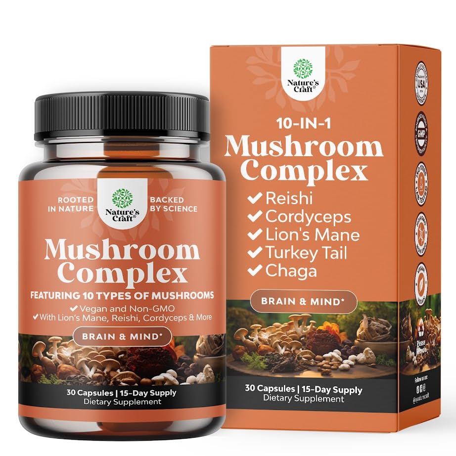 Complejo avanzado de setas cápsulas - 10X Lions Mane suplemento cápsulas con Reishi, Chaga, Maitake " Shiitake para la memoria de salud cerebral " Focus - Nootropic for Mental Clarity - 30 caps
