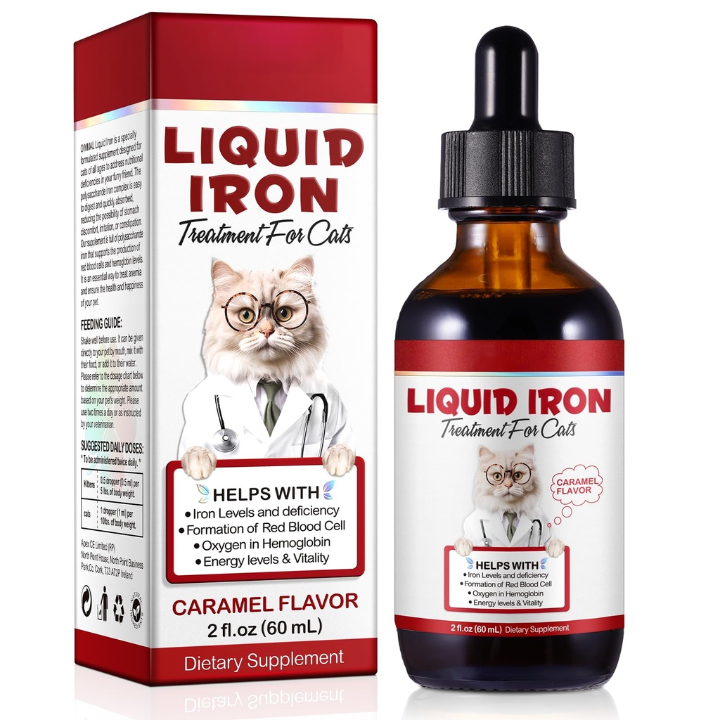 Hierro líquido para gatos, gotas de hierro líquido para gatos apoya la anemia, niveles bajos de energía y gatos letárgicos- Mejorar los niveles de energía y vitalidad, suministros de mascotas Suplemento de vitamina gato, sabor caramelo - 2 fl.oz