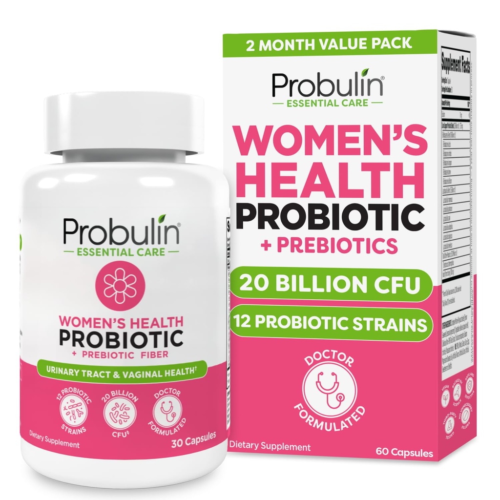 Probiótico Probulina Mujeres - Vaginal, UT, Gut &amp; Immune Health with Lactobacillus Reuteri - 20 Billion CFU, 12 Strains Probióticos & Prebióticos - 60 Vegan, Gluten Free Capsules for Whole-Body Wellness