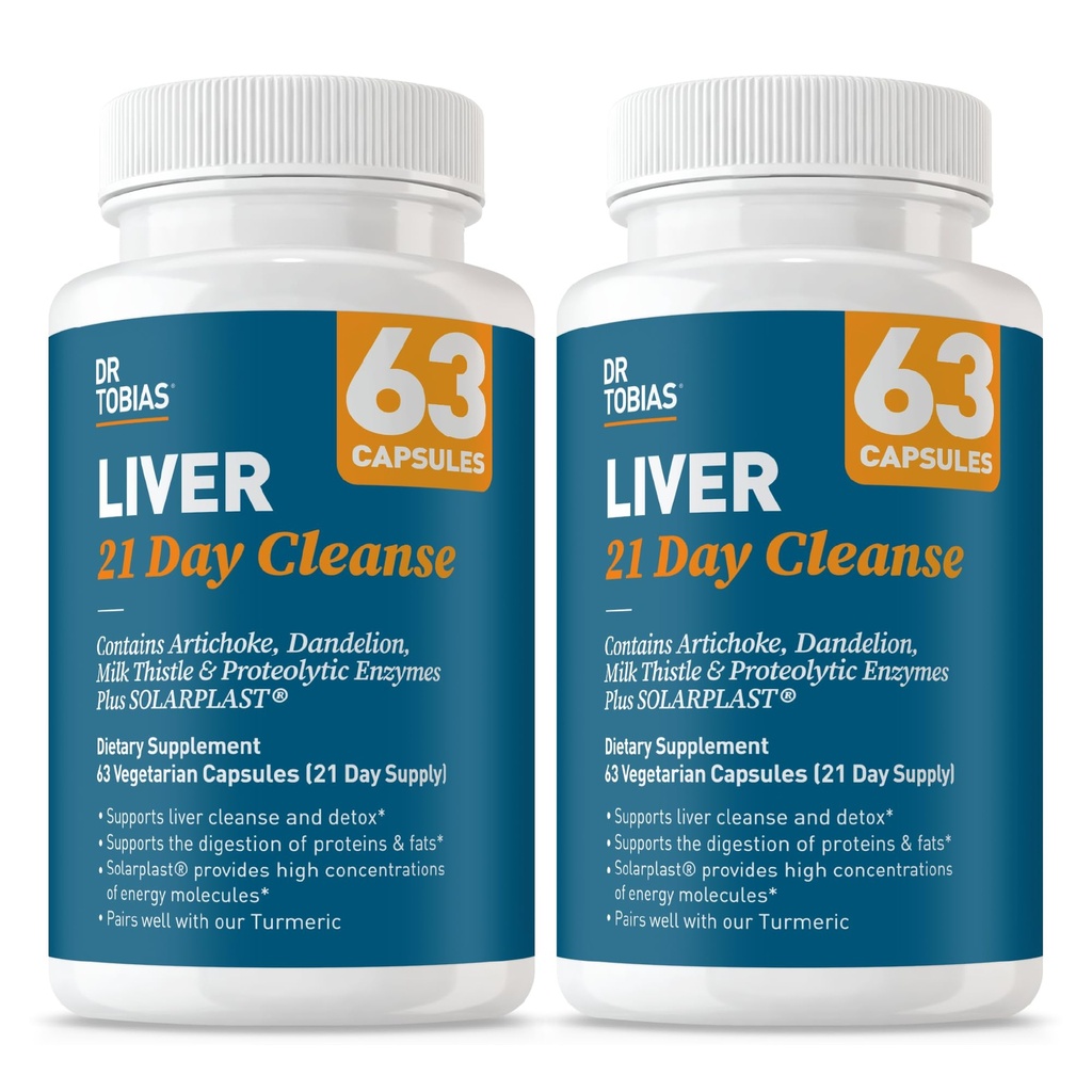 Dr. Tobias Liver 21 Day Cleanse, Herbal Liver Detox Cleanse with Solarplast, Artichoke Extract, Milk Thistle, Dandelion Extract " Digestive Enzymes, 63 Vegetable Capsules, 3 Daily, Pack of 2