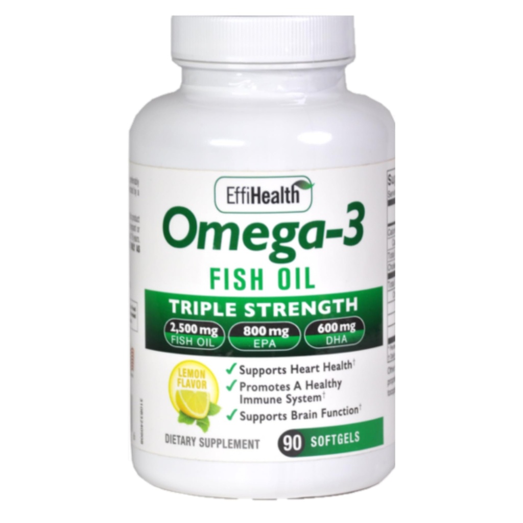 EffiHealth Omega-3 Fish Oil - Triple Strength 2500mg Fish Oil, 1200mg EPA, 600mg DHA - Apoya Hearth Health, Brain health and Immune Support – Lemon Flavor, Burpless Fish Oil