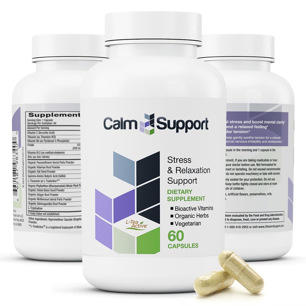 CalmSupport: Estrés " Apoyo a la relajación - Ashwagandha, Flores de Pasión, Cuerda Valeriana, Ginger, GABA, Velvet Bean, Motherwort, Oat Seed, Phyllanthus, L-Theanine, L-Tryptophan, Folate, C,B1,B6,B12,Zinc