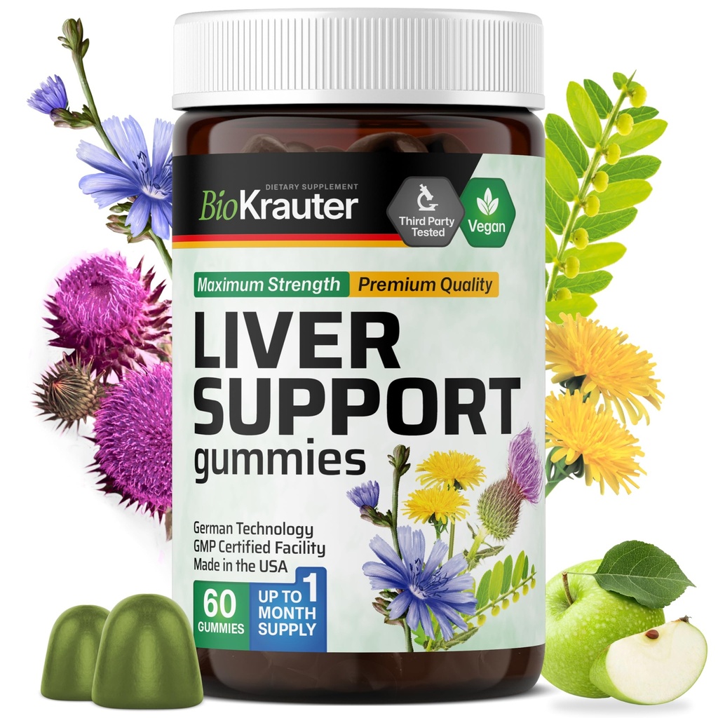 BIO KRAUTER Suplemento Gummies - 60 Chews Vegan w/Milk Thistle, Dandelion Root for Liver Cleanse " Detox - 80% Silymarin