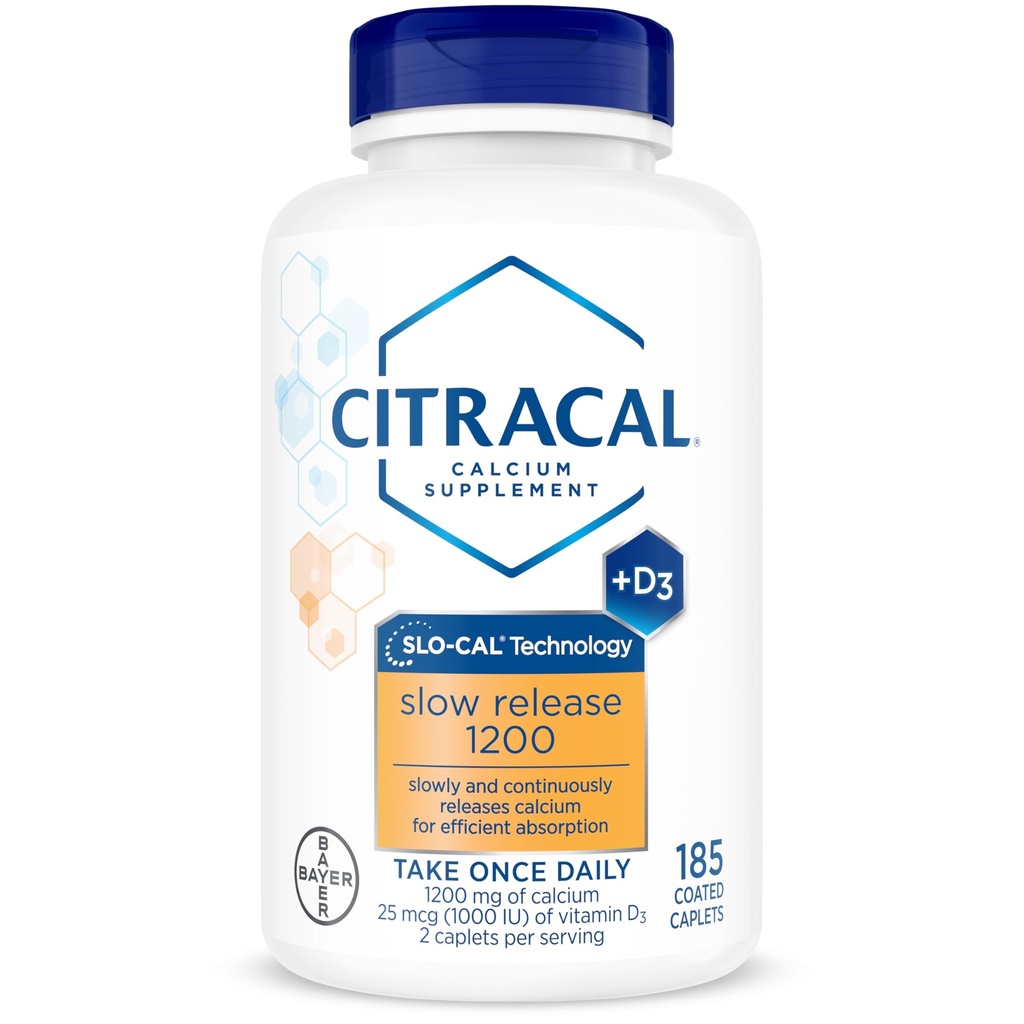 Citracal Slow Release- Calcio 1200 mg con vitamina D3, Magnesio, Suplemento de Calcio, Soporte de Salud de Hueso, Tome una vez Caplet diario, 185 Cuenta
