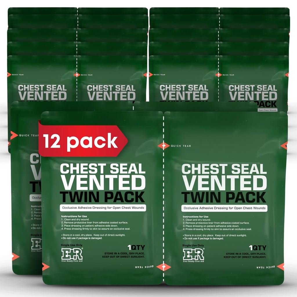 Vented Chest Seal with Quick Tear – 6.6” Occlusive Adhesive Dressing for Open Chest Wounds – Medical-Grade Hydrogel Adhesive for Trauma Kits – 12-Pack (24-Counts)