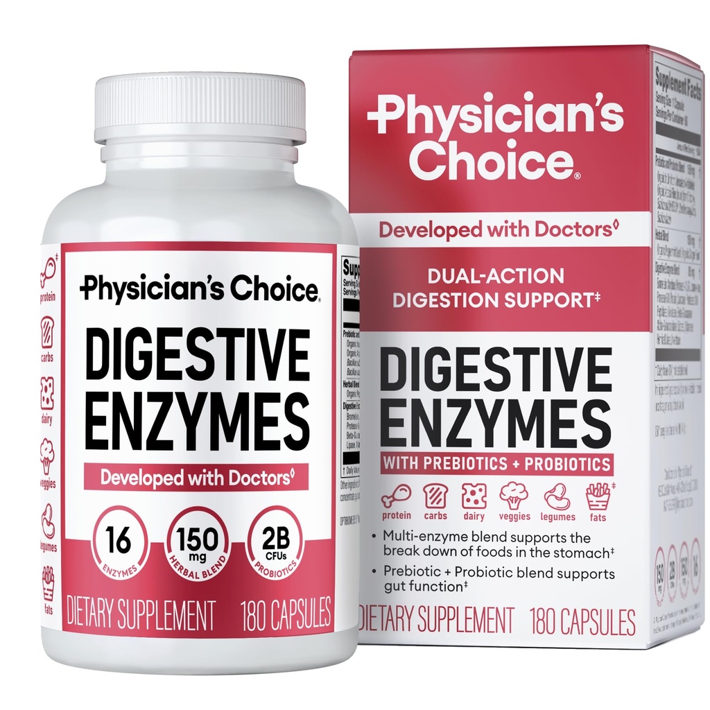 Enzymes Digestivos de la CHOICE de Physician - Multi Enzymes, Prebióticos Ecológicos " Probióticos para la Salud Digestiva " Salud Gut - Tiempo de Composición Alivio " Bloating - Dual Action Approach - 180 CT