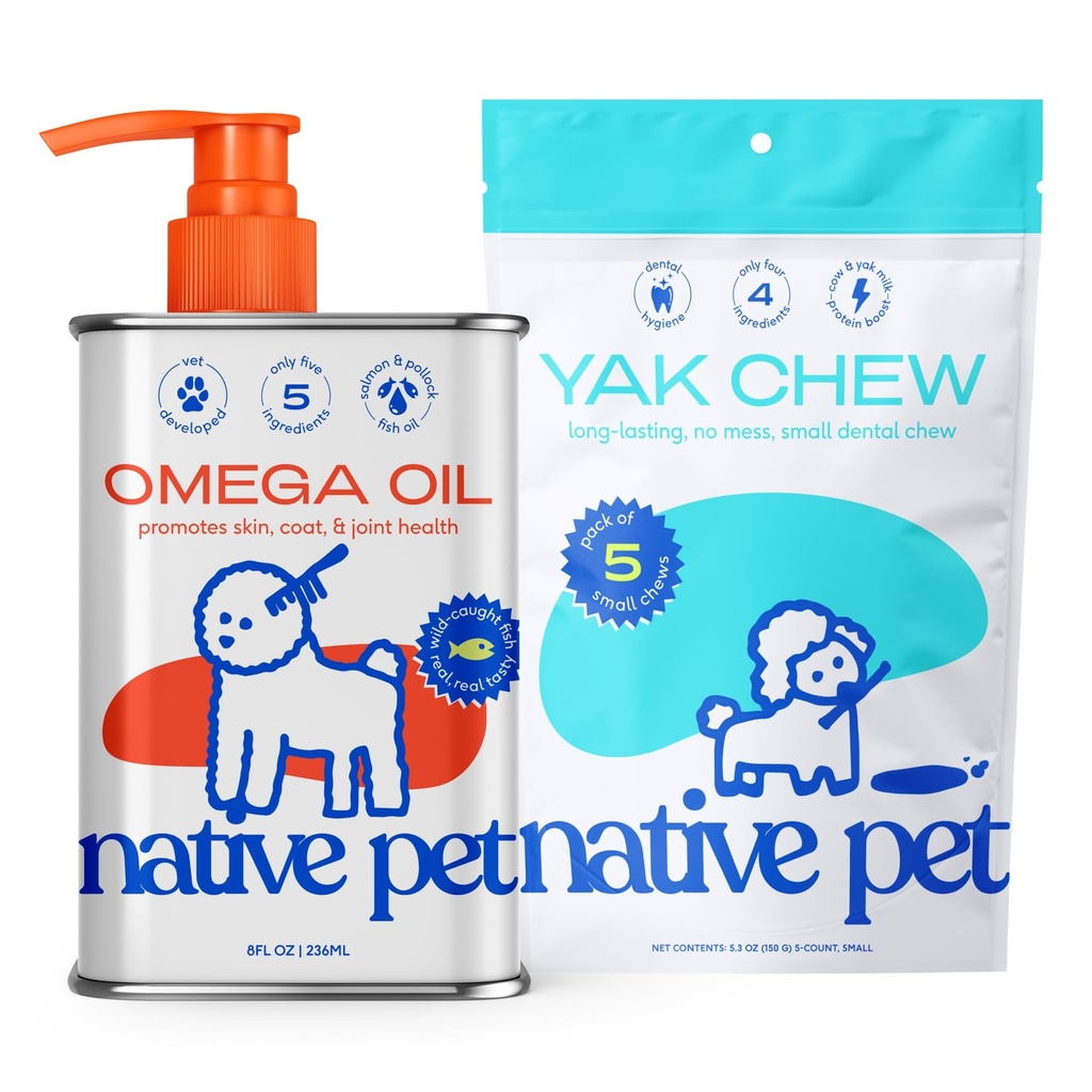 Aceite de Omega de mascotas nativas para perros - Suplementos de aceite de pescado 8 Oz &amp; 5 Mandíbulas pequeñas de Yak para perros