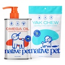 Aceite de Omega de mascotas nativas para perros - Suplementos de aceite de pescado 8 Oz &amp; 5 Mandíbulas pequeñas de Yak para perros