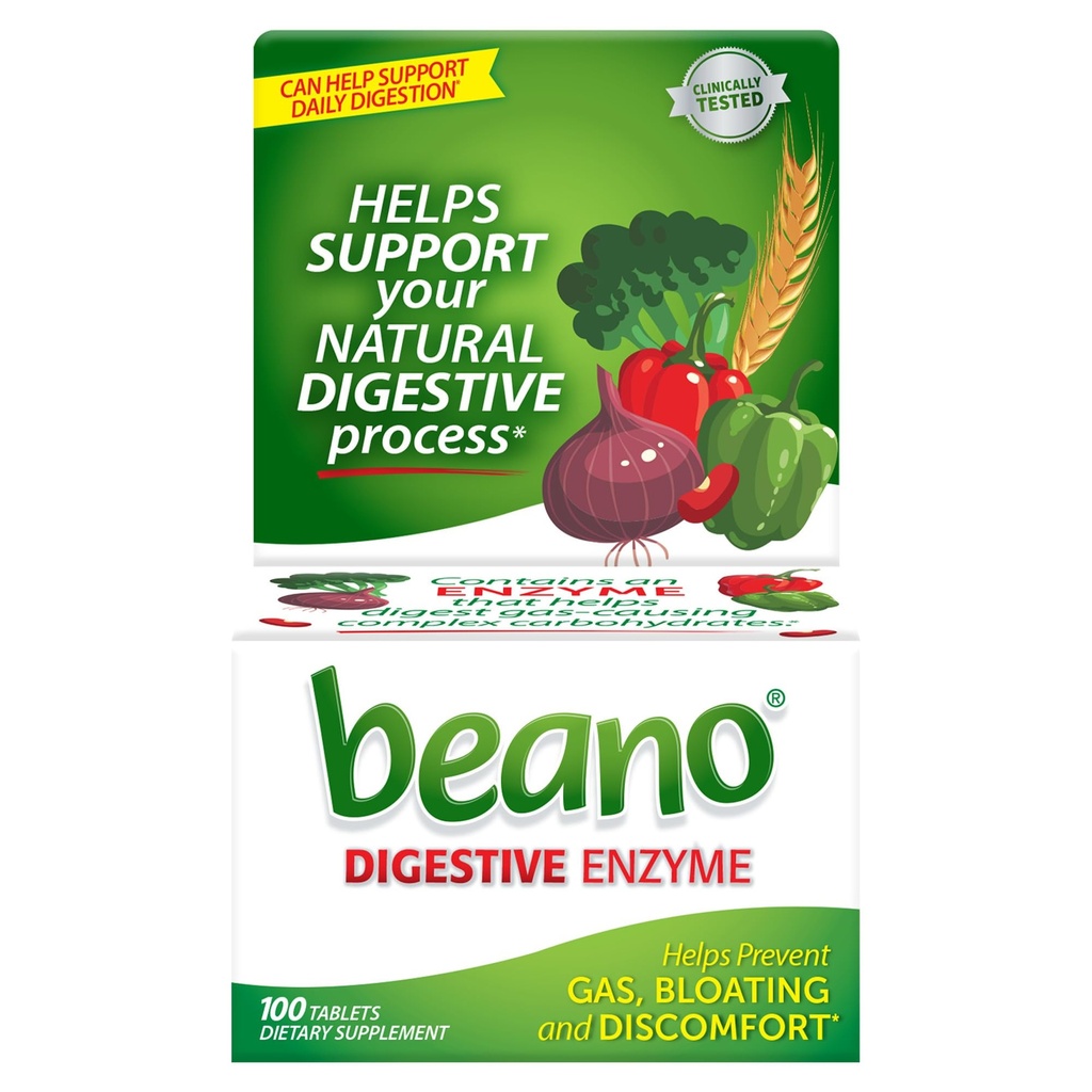 Enzima Digestiva Beano, Alivio de Gas Preventivo para Adultos, Ayuda a prevenir el gas &amp; Bloating, 100 Tablets