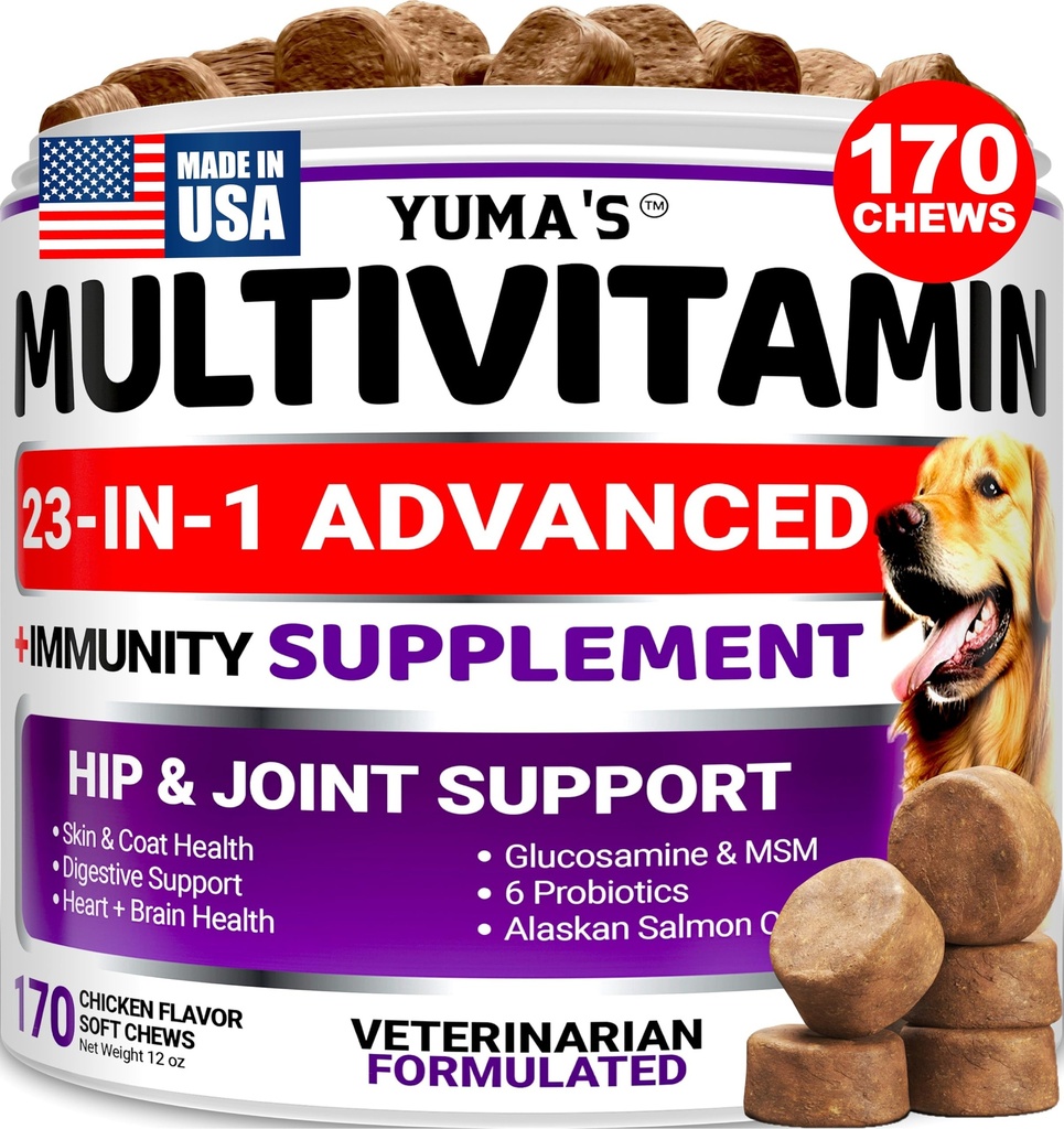 Perro multivitamínico Chewable con Glucosamina - Vitaminas y Suplementos para perros - 170 Trucos - Senior &amp; Puppy Multivitamin for Dogs - Hip &amp; Joint Support - Immune Health, Skin, Heart, Digestion, Probiotics