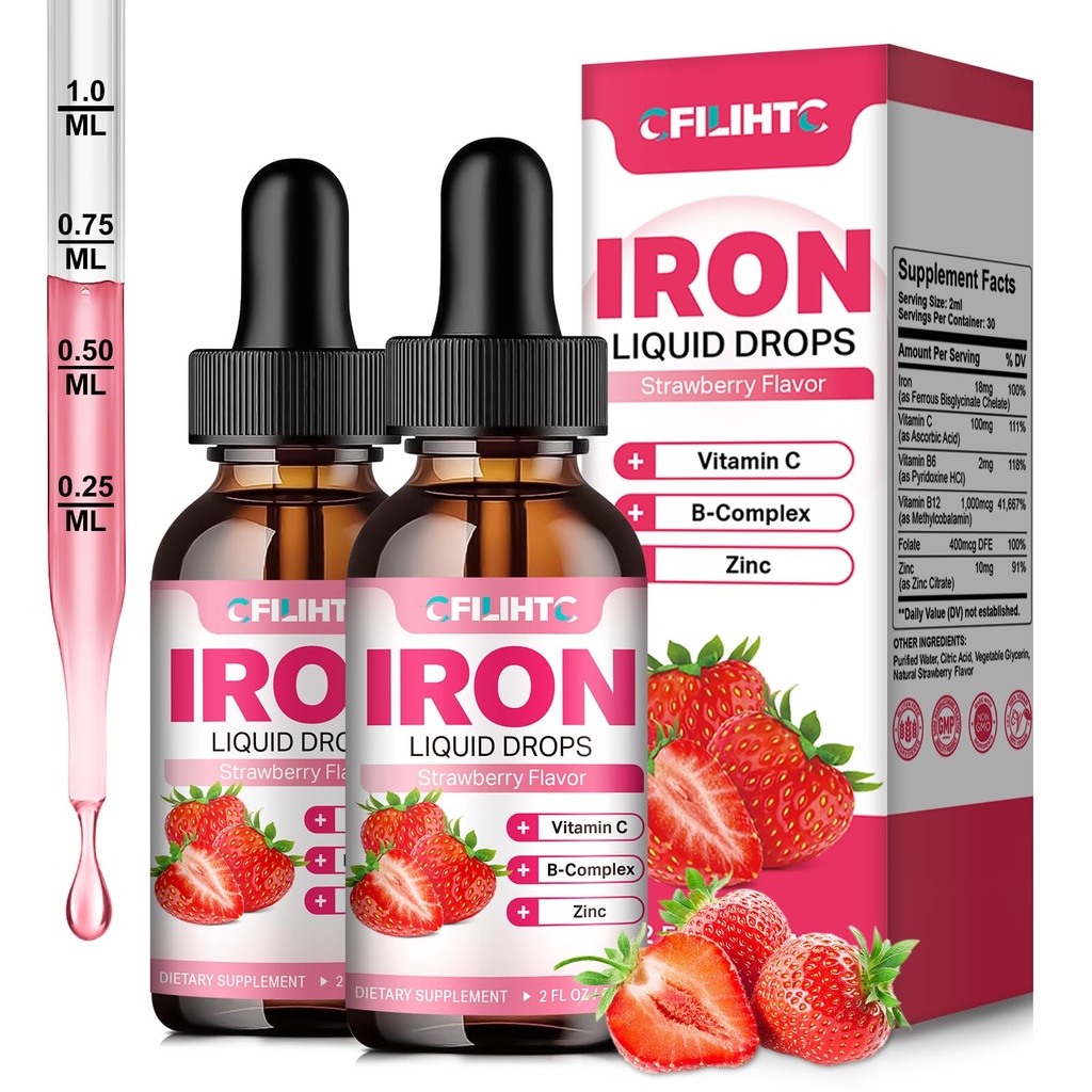 Suplemento de Hierro Líquido para Mujer Hombres &amp; Niños gotas de hierro multivitamina con folato, vitamina C, B6, B12, zinc para la anemia, deficiencia de hierro, constructor de sangre, energía - sabor a fresa natural, Vegan 4 Fl Oz