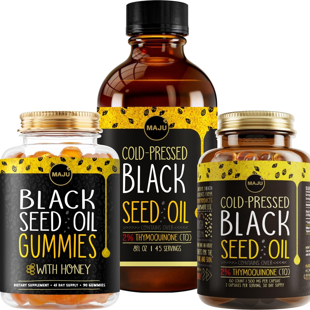 Maju Superfoods Black Seed Oil 3-in-1 Bundle, Gummies, Capsules, " Liquid