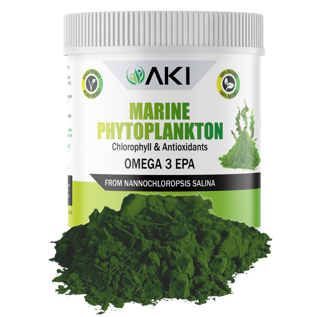 AKI Marine Phytoplankton Powder - Source of Raw Omega-3 EPA Micro Algae Nannochloropsis - Plant Based Proteins, Vitamins for General Wellness - Complete Protein Source, Vegan & GMO Free (2oz/57g)