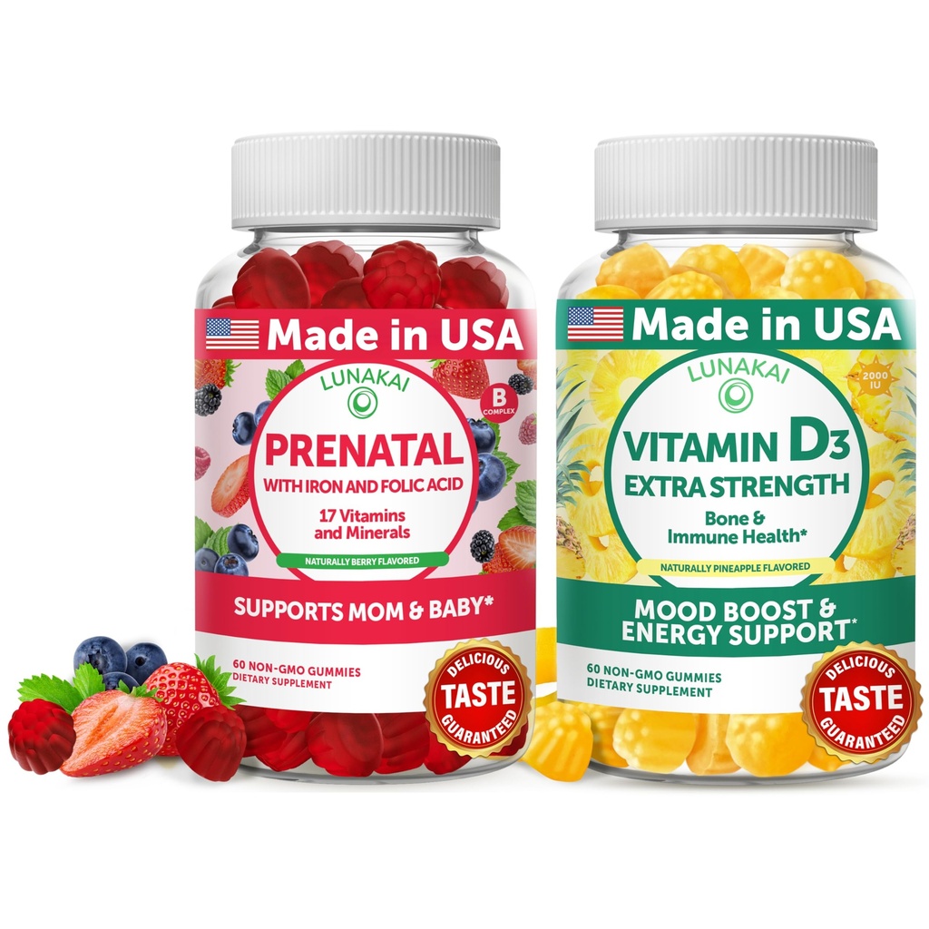 Lunakai Prenatal and Vitamin D3 Gummies Bundle - Pregnancy Multivitamin Gummy with Iron ' Folic Acid - Immunity, Bone and Mood Support Supplement for Adults - 30 Days Supply