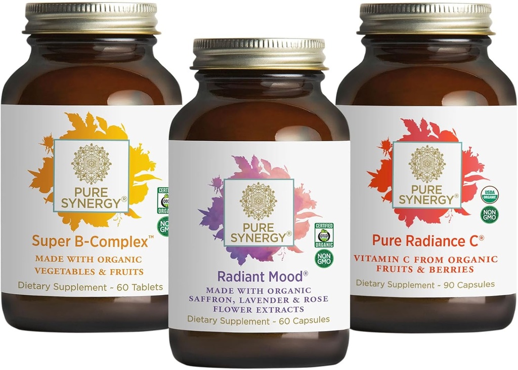 PURE SYNERGY Mood and Adrenal Support Bundle ← Mood Support Supplement with Organic Saffron Extract  USDA Organic Vitamin C ← Vitamin B Complex Made with Whole Foods ← Non-GMO and Vegan