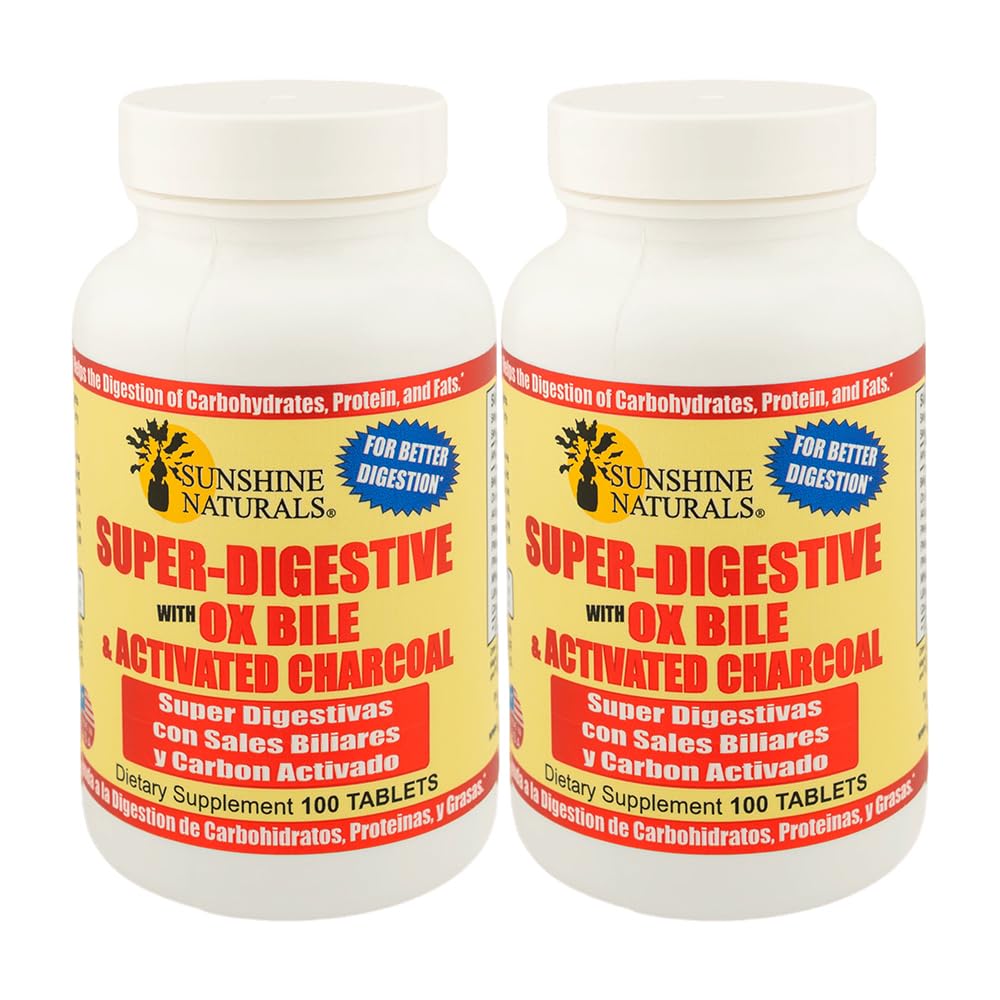 Sunshine Naturals Super Suplemento Digestivo. Ox Bile " Activated Charcoal for Digestive Support, Bloating Relief, Gut Cleanse, Nutrient Absorption, and General Wellness. 100 Tabletas. Paquete de 2