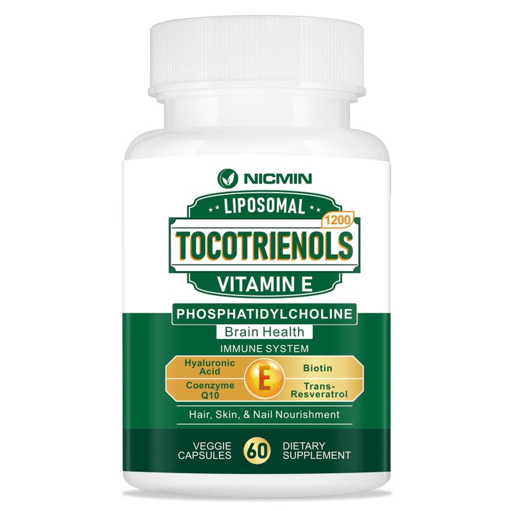 1200MG Vitamina E Tocotrienols Liposomal Tocotrienols Suplemento con Phosphatidylcholine, 95% Delta-tocotrienols y 5% Gamma-tocotrienols, Alta Absorción para el Corazón, Función cerebral 60 cápsulas