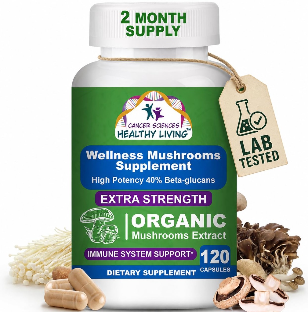 Ciencia del cáncer Suplemento de seta orgánico cápsulas - 1.500 mg No GMO Wellness Complejo de setas 40% Beta-Glucans -Turquía Tail, Reishi, Cordyceps, Chaga Extract for Brain &amp; Immune Support 120 cápsulas