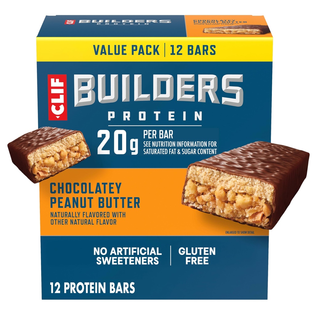 CLIF BUILDERS Protein Bars - Chocolatey Peanut Butter - 20g Plant Based Protein - Gluten Free - Non-GMO - Low Glycemic - No Artificial Sweeteners - 2.4 oz. (12 Pack)