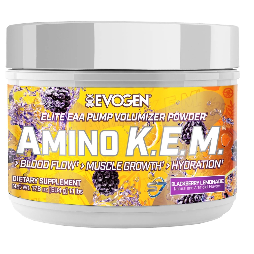 Evogen Amino K.E.M. - EAA &amp; BCAA Powder Pump Volumizer TEN BCAAS Amino Acids Supplement for Blood Flow, Muscle Growth, " Hydration ¦ BlackBerry Lemonade TEN 30 Servings