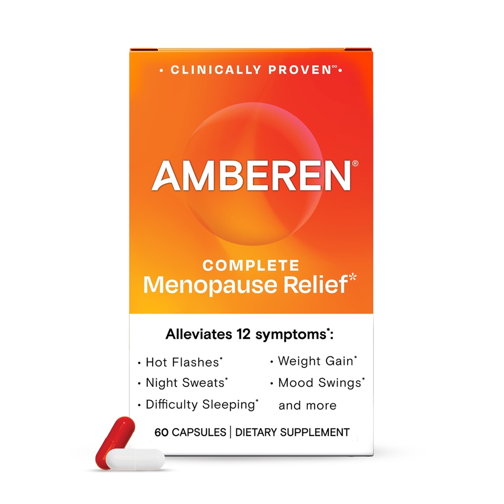 Suplemento de la menopausia ámbar para mujeres, 120 cápsulas, clínicamente probadas, ayuda a apoyar el equilibrio hormonal, ayuda a aliviar 12 síntomas de la menopausia: Flashes calientes, sudaderas nocturnas, mudas y más