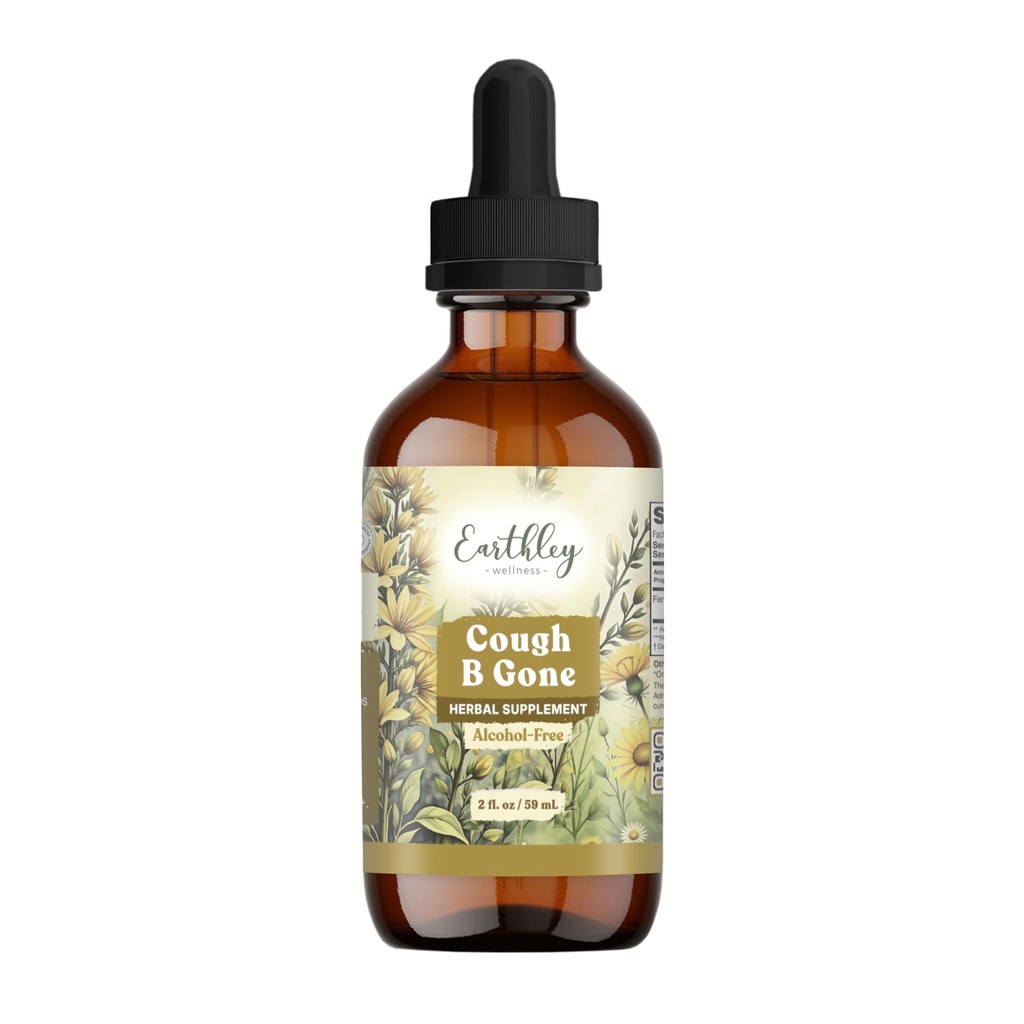 Earthley Wellness, Cough-B-Gone, Alcohol-Free Herbal Tincture for Kids &amp; Adults (6 Mes+), Cold and Cough Remedy, Soothes Sore Throats, Promotes Lung Health, and Detoxification (2oz, Kids)