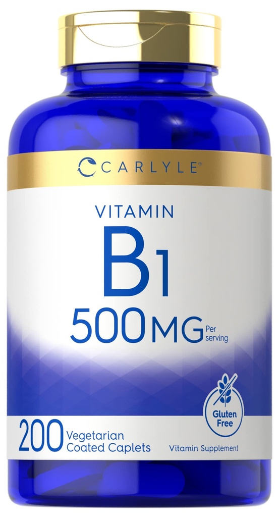 Carlyle Vitamina B1 500mg (Thiamine) Silencio 200 Caplets Vegetarian ← No GMO y Gluten Suplemento Libre